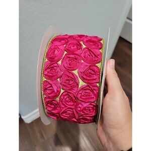 VTG Offray Love Knots Wired Edge Ribbon Green Base Pink Flowers Trim 6.75 Yds